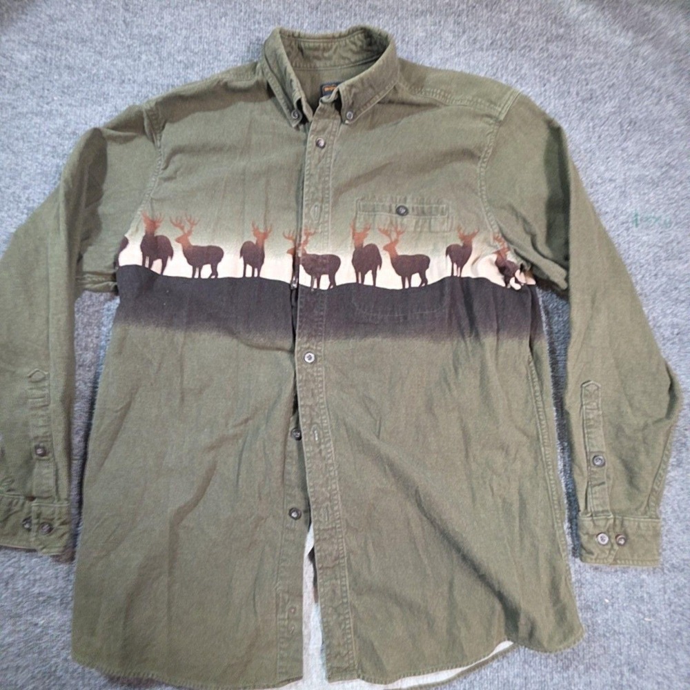 Woolrich Mens XL Green Deer Graphic Button Front Long Sleeve Hunting Shirt